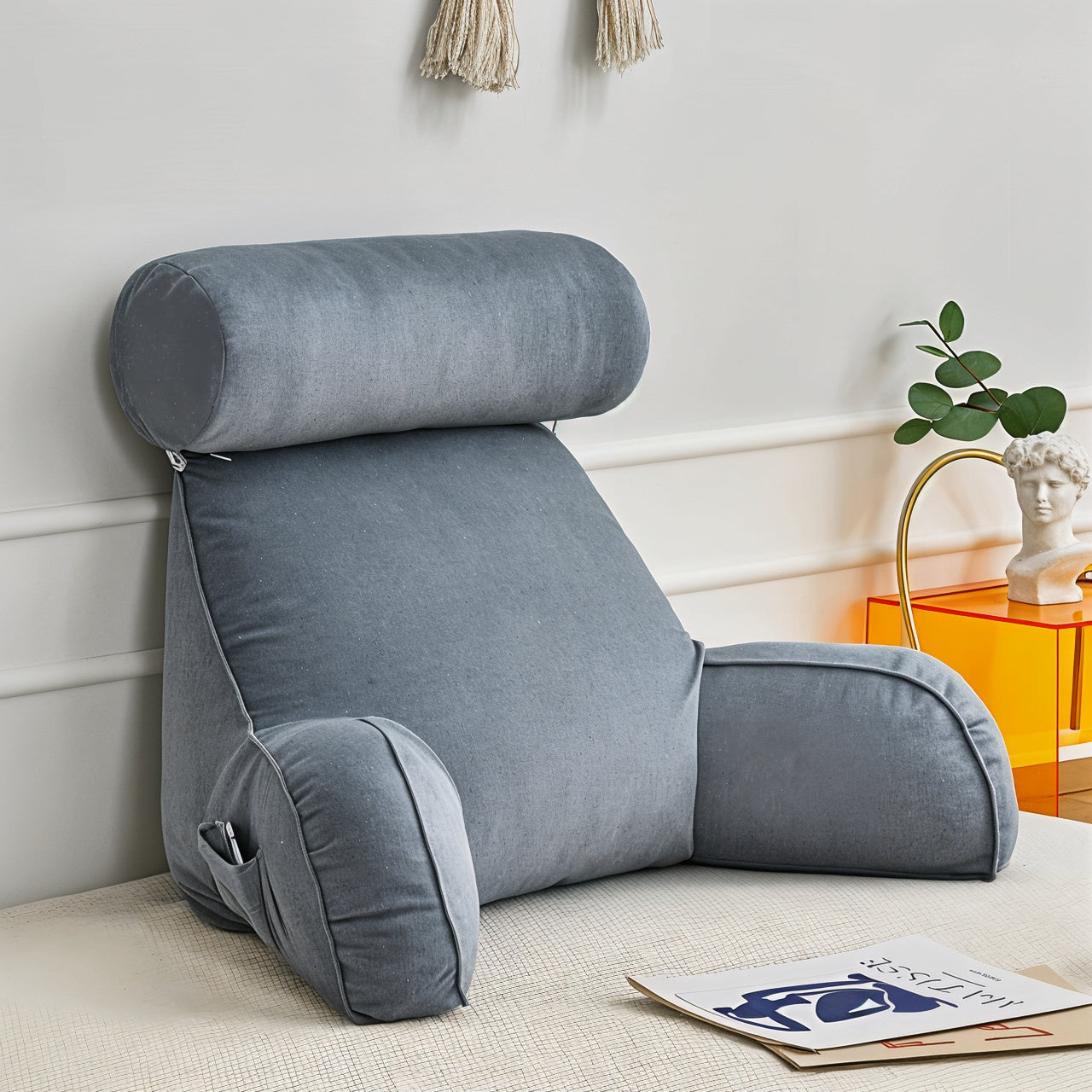 Comfort Haven | Backrest Pillow with Adjustable Headrest & Soft Velour Cover | Ultimate Bed Backrest Support for Neck and Back Relief 0